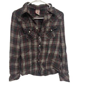 True Religion Shirt Black Western Plaid Flannel Pearl Snap Men's SMALL